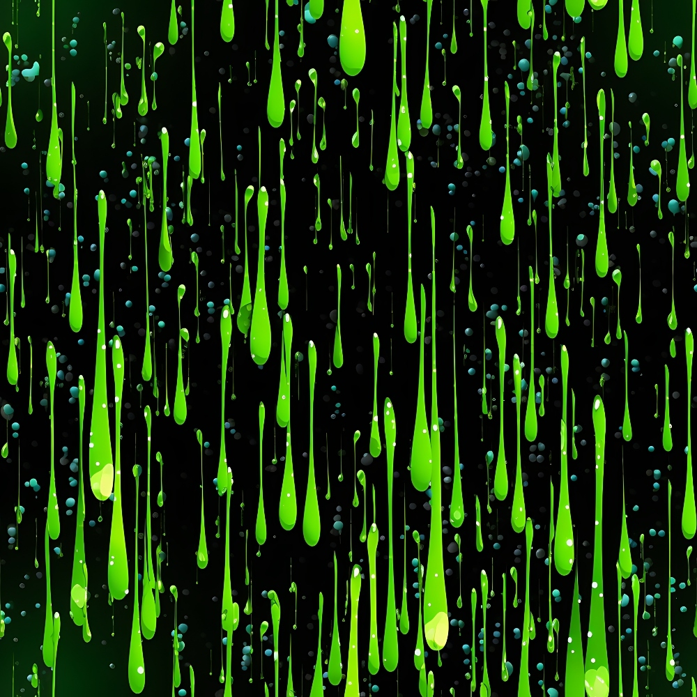 bright green, neon green, teal, black background, dripping pattern, liquid droplets, paint drips, splatter effect, abstract design, modern art, vibrant colors, electric green, dripping motif, contemporary pattern,, fabric panel, artistic print, fluid design, splashing effect, dynamic pattern