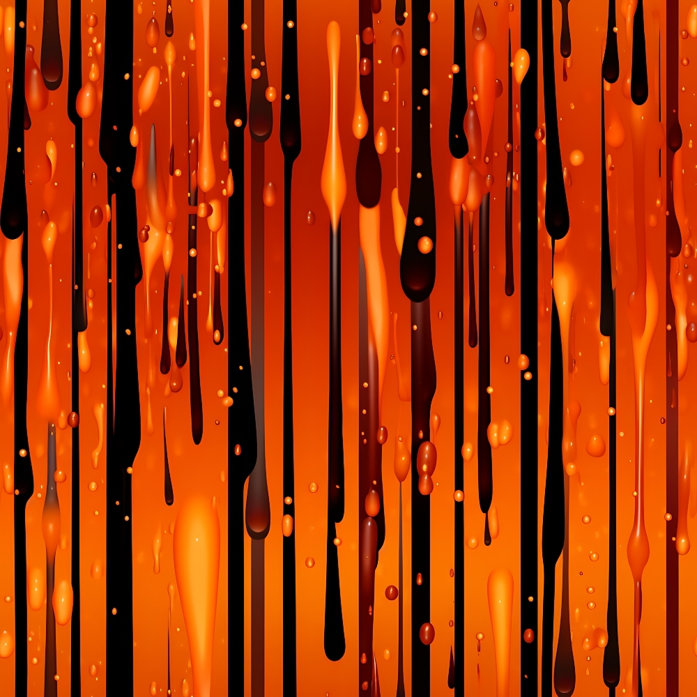 orange, black, dripping liquid, vertical stripes, abstract pattern, flowing droplets, vibrant orange, dark contrast, modern design, geometric elements,, fabric panel, liquid motion, streaking effect, contemporary style, halloween colors, artistic drips, fluid design, decorative fabric