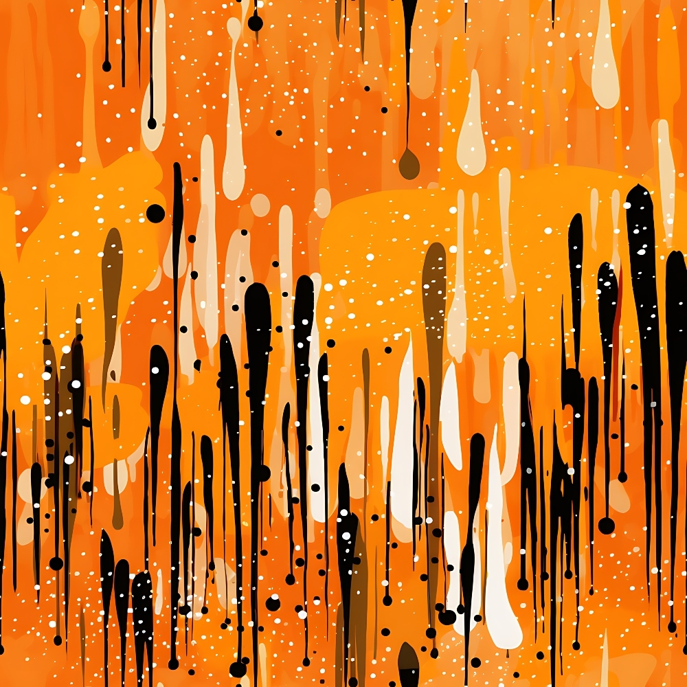 orange, tangerine, amber, burnt orange, black, cream, beige, dripping pattern, liquid drops, paint drips, abstract design, geometric shapes, splatter effect, modern art style, contemporary,, fabric panel, artistic, flowing design, vertical drips, halloween colors, autumn tones