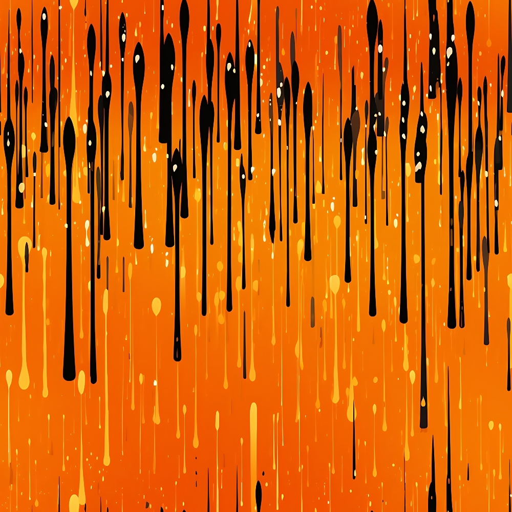 orange, black, yellow, dripping pattern, liquid design, abstract art, flowing drops, streaks, modern pattern,, fabric panel, contemporary style, graphic design, paint drips, artistic pattern, vibrant orange, contrasting colors, geometric drops, crafting fabric, sewing material