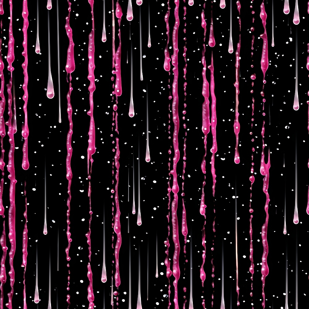dripping liquid, pink fluid, black background, abstract drops, flowing streams, modern pattern, contemporary design,, fabric panel, viscous texture, vertical drips, splatter effect, glossy appearance, artistic abstract, liquid motion, pink tones, dynamic flow, graphic pattern, crafting material, sewing fabric