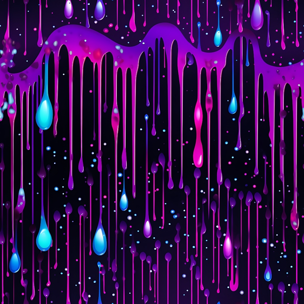 purple, magenta, cyan, blue, black, dripping liquid, paint drips, abstract pattern, cosmic background, starry night, neon colors, vibrant hues, flowing design, space theme,, fabric panel, modern art style, psychedelic, luminous droplets, galaxy pattern