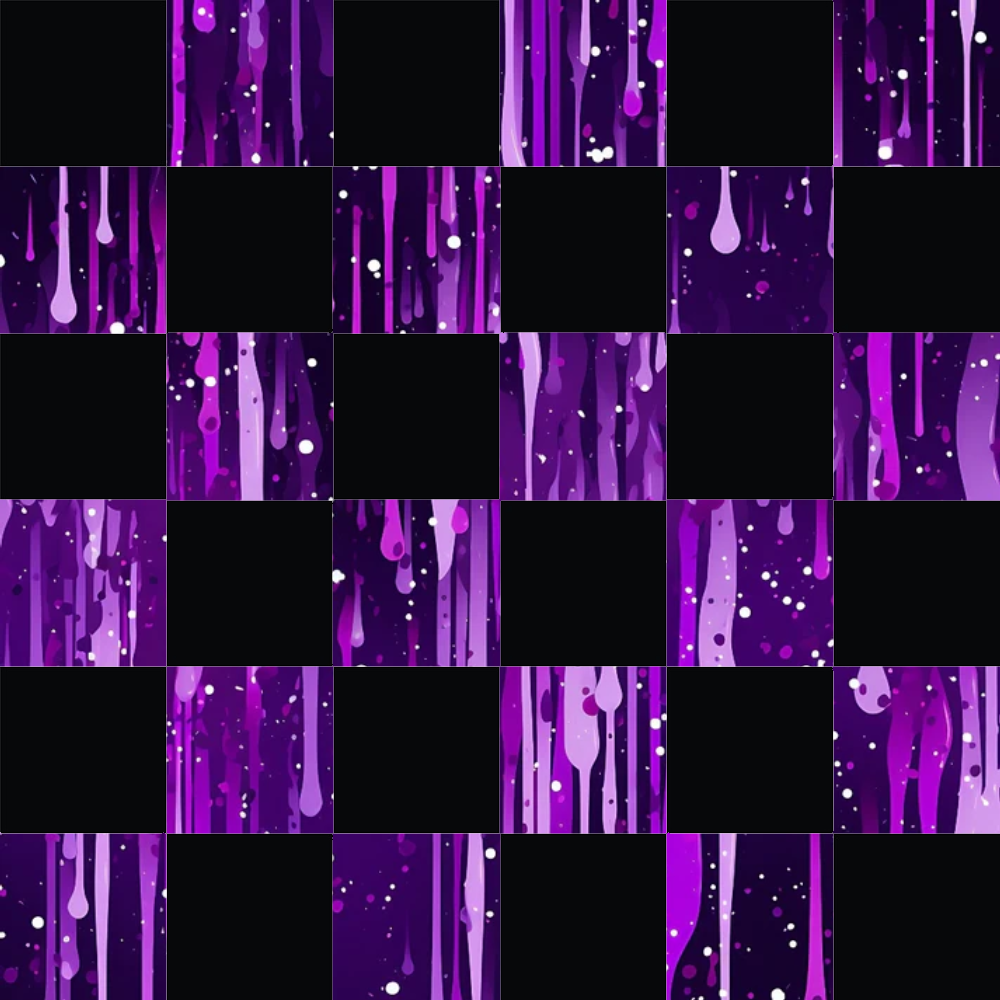 purple, violet, magenta, dripping liquid, droplets, abstract pattern, flowing design, cosmic atmosphere, space-like, checkerboard layout,, fabric panel, modern art style, liquid motion, paint drips, contemporary design, geometric grid, artistic blocks, crafting material, sewing fabric