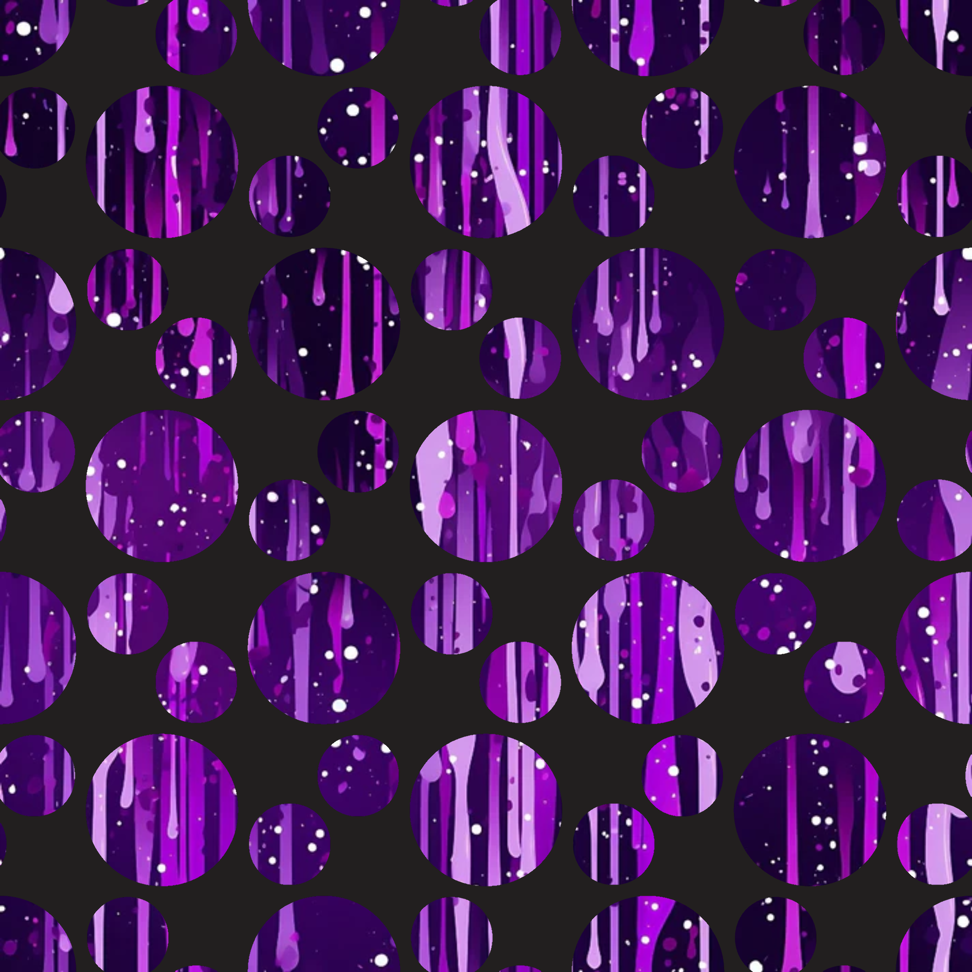 purple, magenta, violet, lavender, black, dripping liquid, abstract drops, geometric circles, modern pattern, contemporary design,, fabric panel, liquid motion, flowing design, bubble pattern, digital print, crafting material, sewing fabric, artistic design, vibrant colors