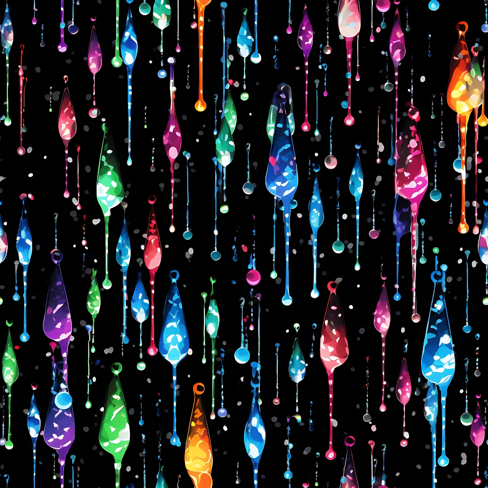 dripping liquid, rainbow colors, vertical drips, colorful droplets, geometric shapes, blue, purple, pink, green, orange, yellow, black background, abstract pattern, modern design,, fabric panel, vibrant colors, flowing design, contemporary art, liquid drops