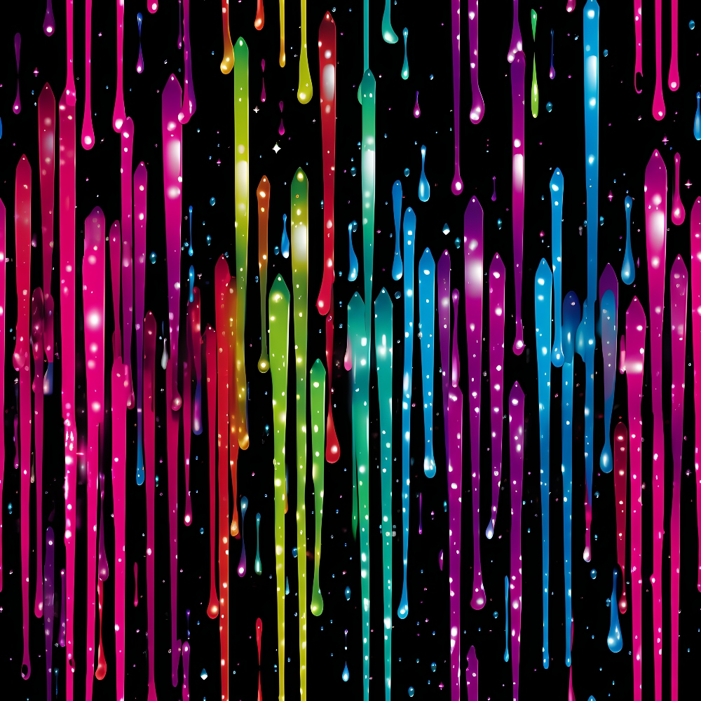 dripping rainbow, liquid pattern, multicolored streaks, vibrant colors, pink, purple, blue, green, yellow, orange, black background, abstract design, colorful drips, flowing lines, contemporary style,, fabric panel, bright neon, psychedelic pattern, modern art
