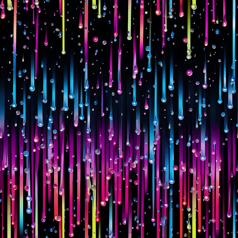 dripping liquid, rainbow colors, neon bright, vertical streaks, droplets, magenta, cyan, yellow, purple, blue, pink, black background, abstract pattern, modern design,, fabric panel, psychedelic, vibrant colors, paint drips, contemporary art