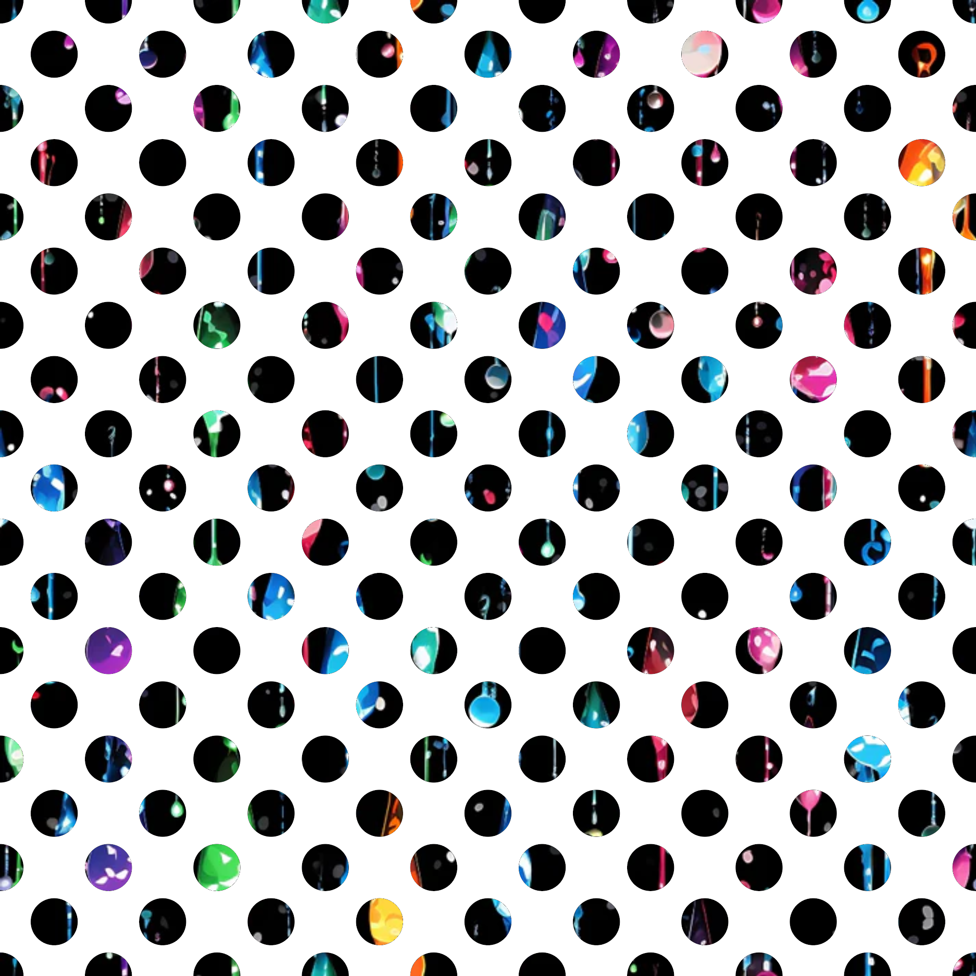 rainbow colors, dripping liquid, iridescent, holographic effects, black circles, polka dots, geometric pattern, vibrant hues, oil slick colors, abstract design,, fabric panel, metallic sheen, prismatic colors, circular motifs, liquid drops, colorful splashes, modern pattern, contemporary design