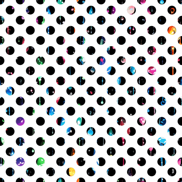 rainbow colors, dripping liquid, iridescent, holographic effects, black circles, polka dots, geometric pattern, vibrant hues, oil slick colors, abstract design,, fabric panel, metallic sheen, prismatic colors, circular motifs, liquid drops, colorful splashes, modern pattern, contemporary design