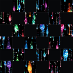 dripping liquid, rainbow colors, geometric drops, abstract pattern, vibrant hues, neon bright, colorful drips, flowing design, modern art,, fabric panel, electric blues, hot pink, lime green, orange glow, purple shades, black background, contemporary style, liquid motion, artistic drops