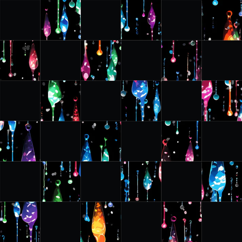 dripping liquid, rainbow colors, geometric drops, abstract pattern, vibrant hues, neon bright, colorful drips, flowing design, modern art,, fabric panel, electric blues, hot pink, lime green, orange glow, purple shades, black background, contemporary style, liquid motion, artistic drops