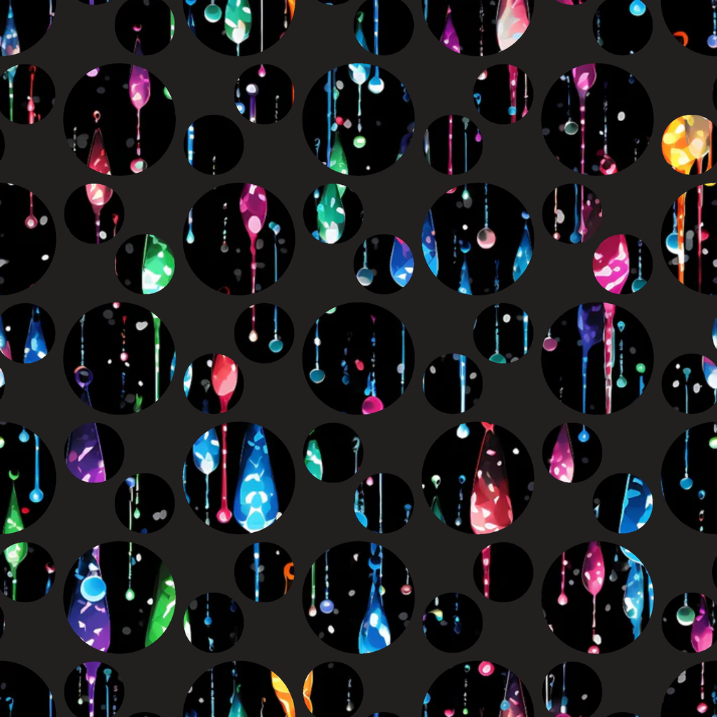 dripping liquid, rainbow colors, geometric circles, neon pink, electric blue, emerald green, purple, orange, yellow, bright colors, modern pattern, abstract design, digital art, futuristic style,, fabric panel, contemporary, vibrant, glossy droplets, space theme