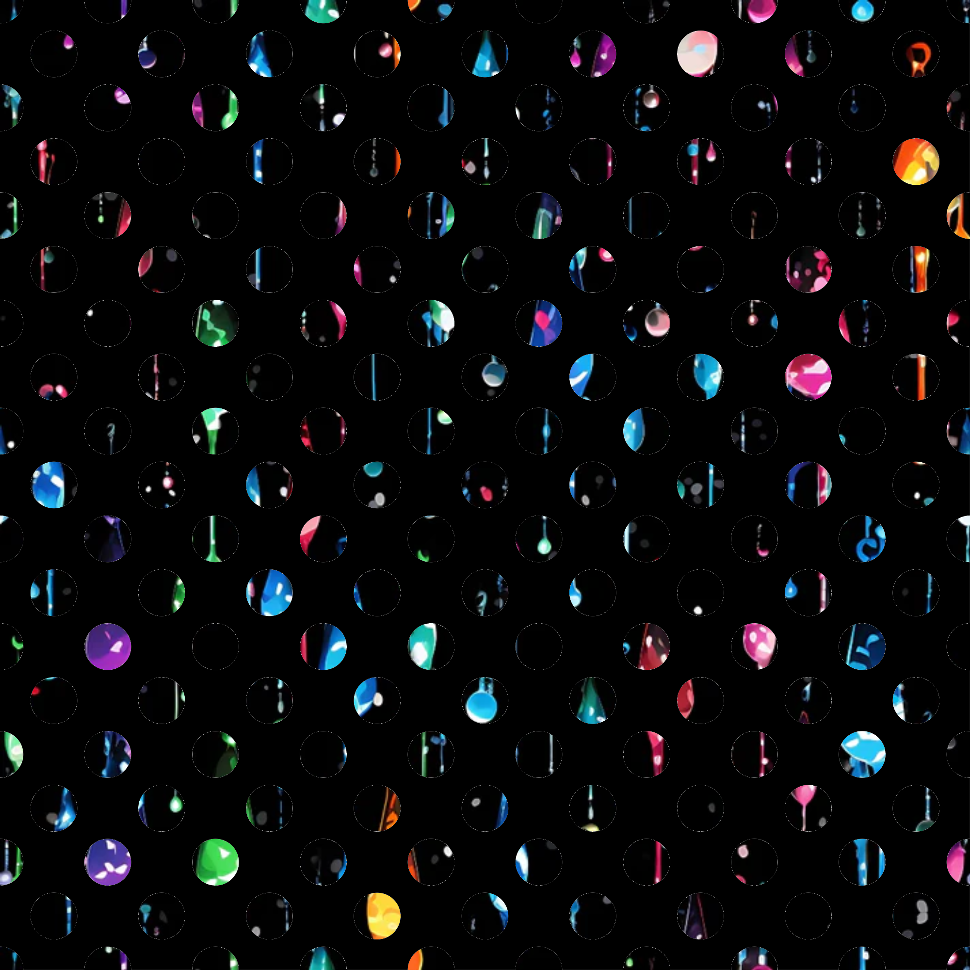 rainbow colors, dripping liquid, iridescent bubbles, holographic circles, black background, metallic sheen, abstract pattern, colorful droplets, prismatic effects,, fabric panel, geometric circles, liquid motion, vibrant hues, reflective surfaces, contemporary design, crafting material, multicolored spheres, glossy finish, modern abstract