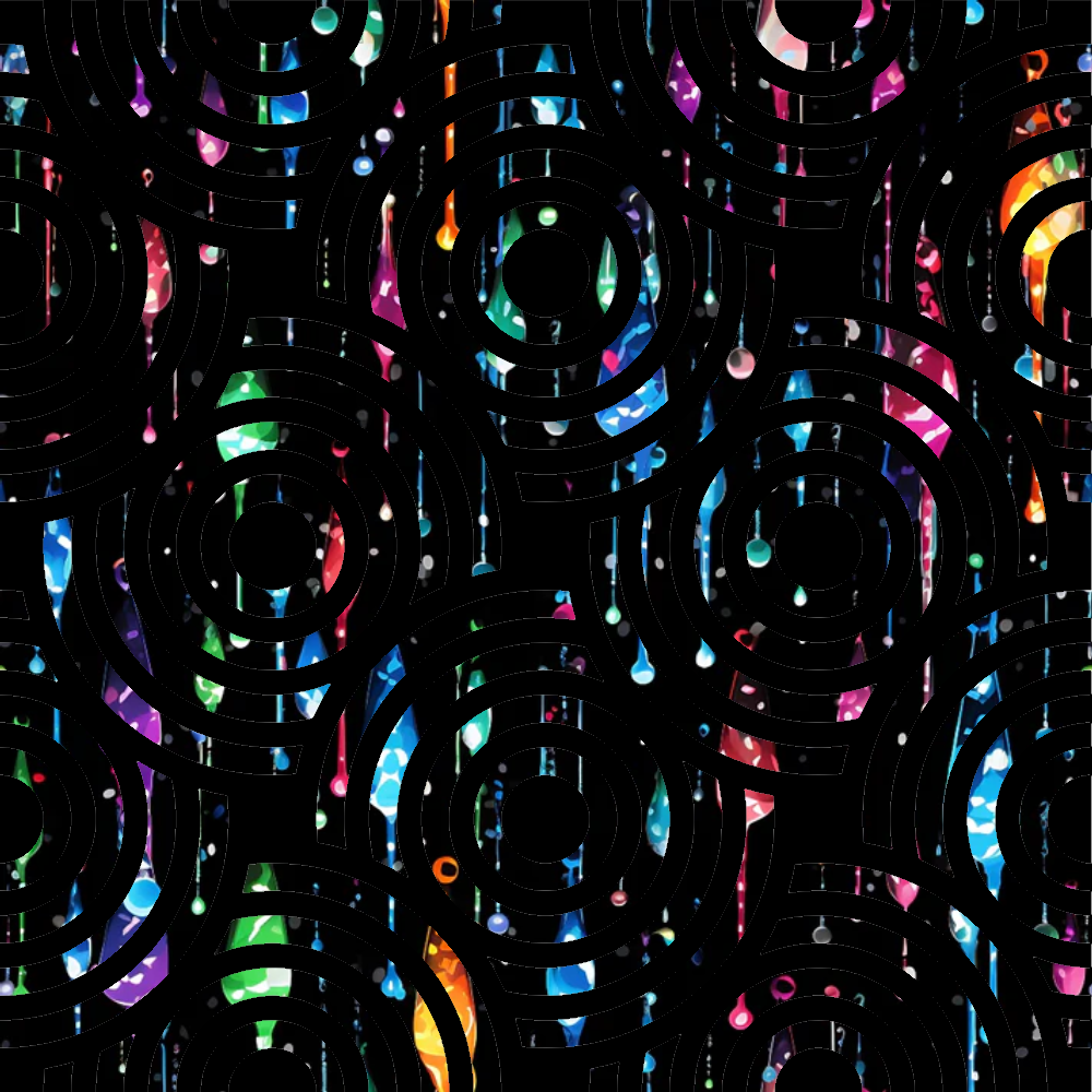 dripping liquid, rainbow colors, iridescent effect, holographic, prismatic, multicolored droplets, flowing pattern, abstract design, psychedelic, vibrant hues, black background, neon colors, liquid motion, contemporary art, modern pattern,, fabric panel, colorful drops, chromatic, kaleidoscopic