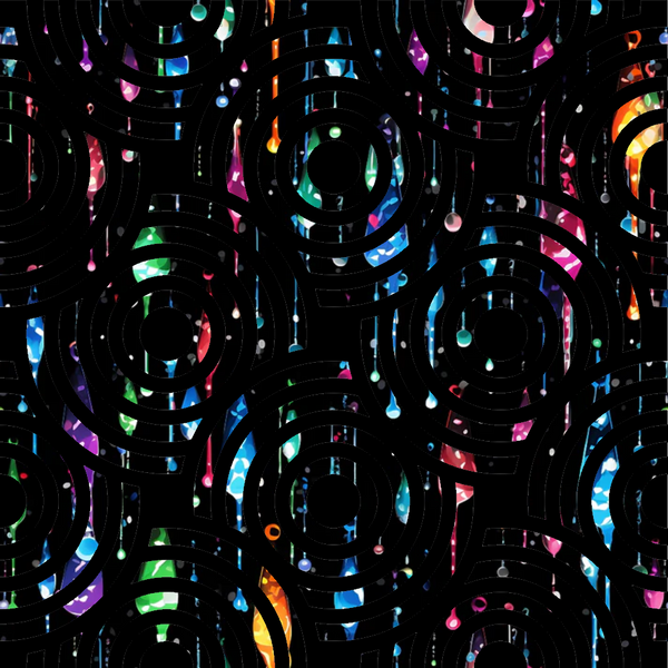 dripping liquid, rainbow colors, iridescent effect, holographic, prismatic, multicolored droplets, flowing pattern, abstract design, psychedelic, vibrant hues, black background, neon colors, liquid motion, contemporary art, modern pattern,, fabric panel, colorful drops, chromatic, kaleidoscopic