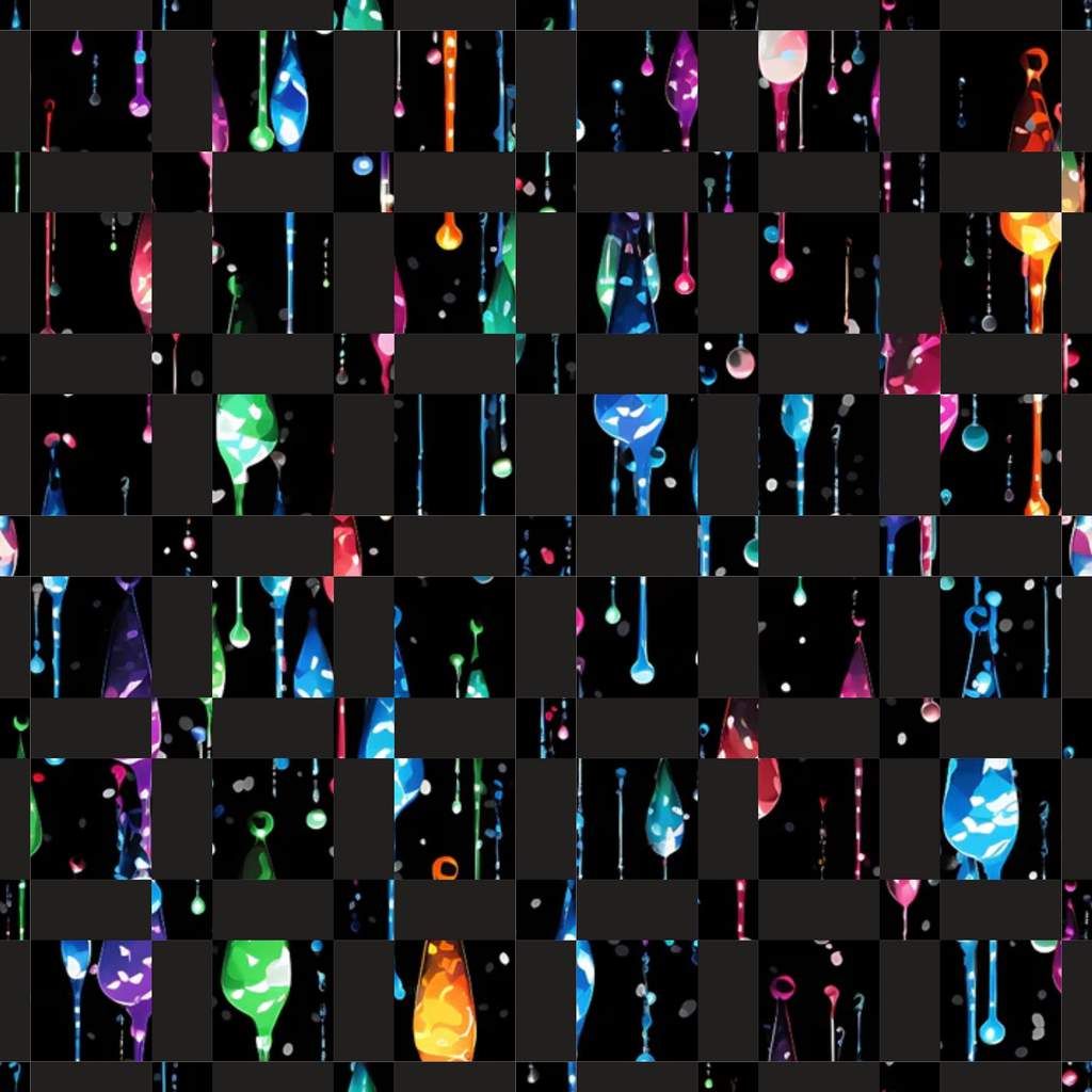 dripping liquid, rainbow colors, neon bright, geometric pattern, abstract design, flowing droplets, vibrant hues, modern art, psychedelic style,, fabric panel, electric colors, liquid motion, contemporary pattern, artistic print, colorful drops, streaming effect, kaleidoscope colors, cotton fabric, craft material