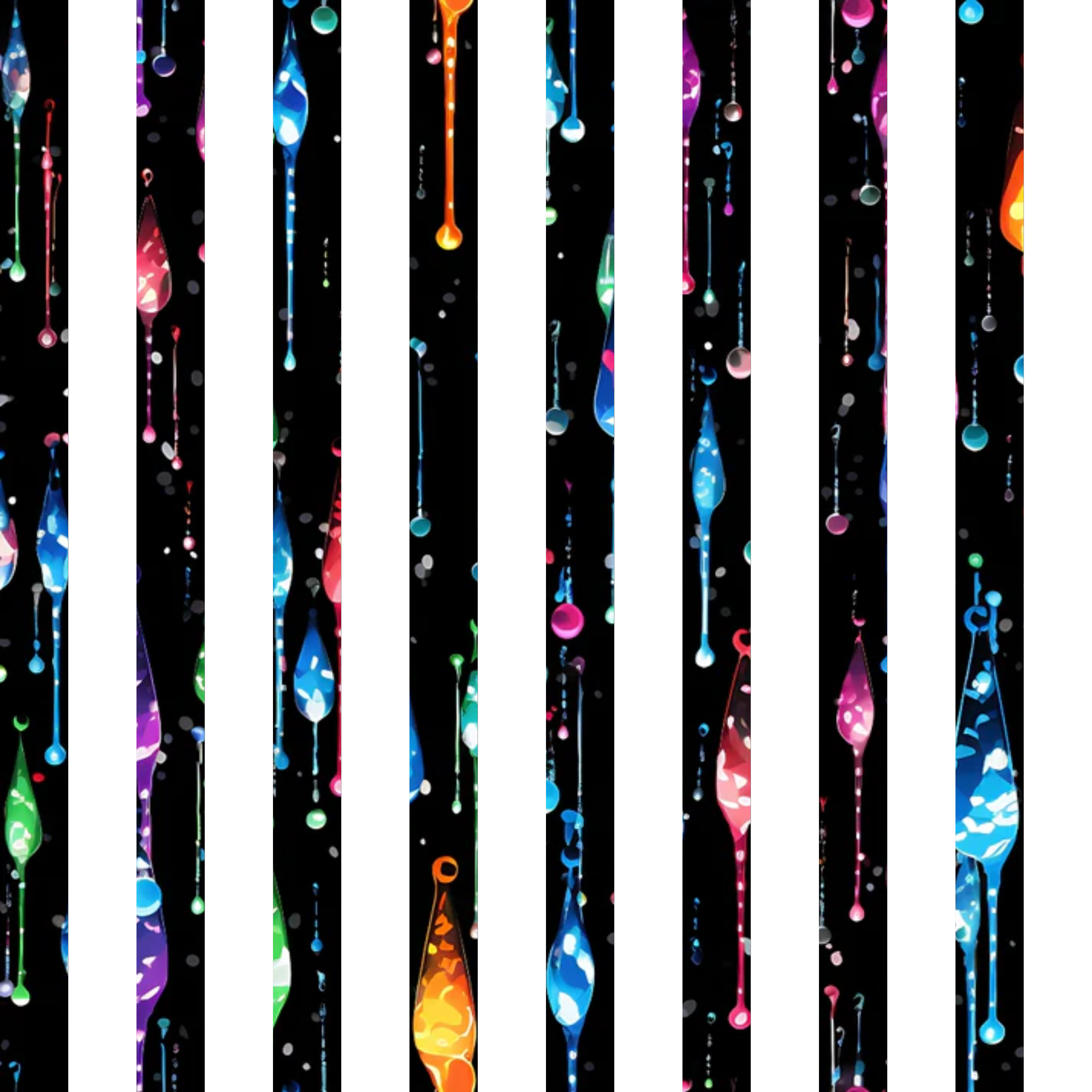 dripping liquid, rainbow colors, vibrant drops, vertical stripes, black background, blue droplets, purple liquid, orange drops, pink fluid, green drops, multicolored pattern, abstract design, flowing motion, quilting cotton, fabric panel, modern art style, colorful streaks, liquid motion, geometric drops, contemporary pattern