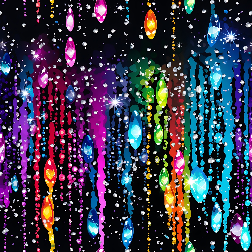 dripping liquid, rainbow colors, vibrant stripes, flowing pattern, multicolored streams, bright pink, electric blue, lime green, orange, purple, yellow, geometric diamonds, sparkling stars, glittery effect, colorful drops, vertical flow,, fabric panel, psychedelic design, neon bright