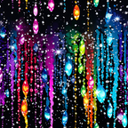 dripping liquid, rainbow colors, vibrant stripes, flowing pattern, multicolored streams, bright pink, electric blue, lime green, orange, purple, yellow, geometric diamonds, sparkling stars, glittery effect, colorful drops, vertical flow,, fabric panel, psychedelic design, neon bright