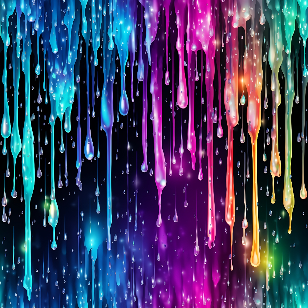dripping rainbow, liquid pattern, vibrant colors, turquoise, magenta, purple, orange, teal, flowing droplets, abstract design, colorful drips, cosmic background, iridescent effect,, fabric panel, artistic pattern, fluid motion, rainbow spectrum, contemporary style, celestial theme