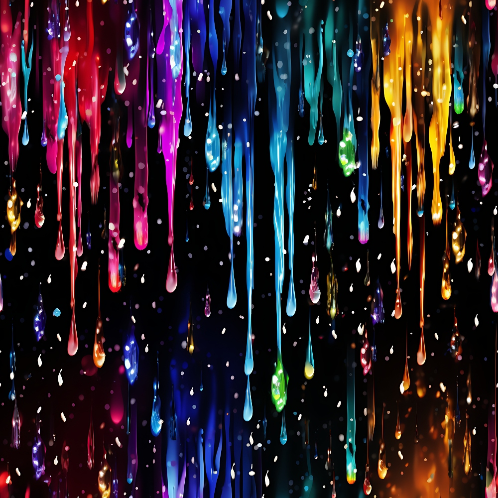 dripping liquid, rainbow colors, vibrant hues, red droplets, blue streams, purple drips, orange flows, yellow cascades, magenta splashes, turquoise drops, neon colors, liquid motion, flowing pattern, paint drips, colorful rain, cosmic drops, luminous effect,, fabric panel, modern abstract