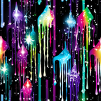dripping paint, rainbow colors, liquid drops, neon bright, vibrant hues, purple, turquoise, magenta, lime green, flowing streams, paint drips, cosmic sparkles, starry effects,, fabric panel, psychedelic pattern, fluid design, colorful streaks, galaxy theme, artistic splashes