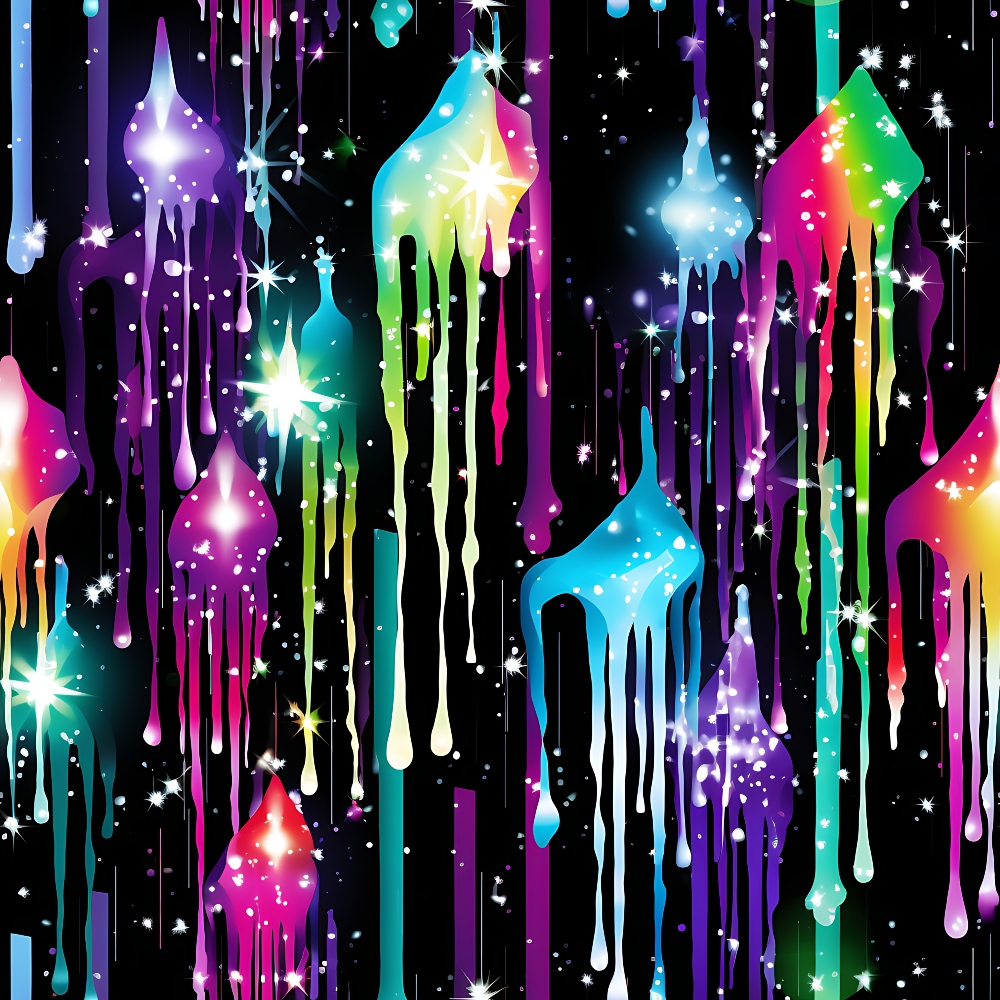 dripping paint, rainbow colors, liquid drops, neon bright, vibrant hues, purple, turquoise, magenta, lime green, flowing streams, paint drips, cosmic sparkles, starry effects,, fabric panel, psychedelic pattern, fluid design, colorful streaks, galaxy theme, artistic splashes
