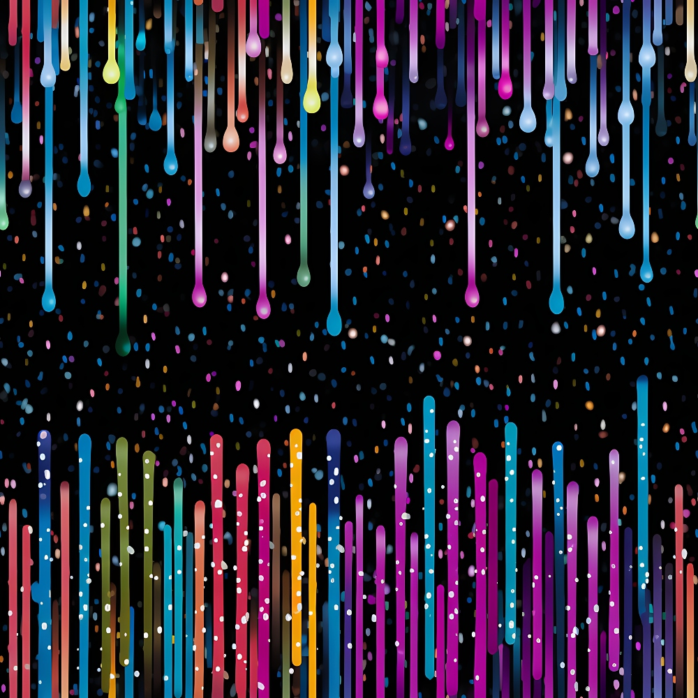 dripping rainbow, liquid pattern, colorful drops, neon colors, bright pink, electric blue, vibrant purple, lime green, orange accents, yellow drips, black background, abstract design, digital art, modern pattern, geometric drips,, fabric panel, contemporary style, psychedelic colors, flowing liquid
