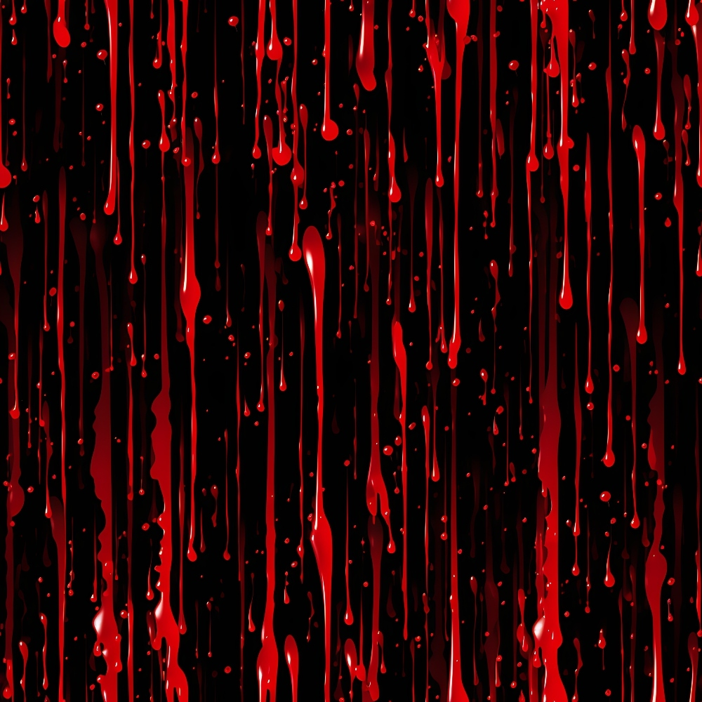 dripping liquid, red droplets, black background, blood splatter, vertical drips, gothic pattern, horror theme, dark aesthetic, crimson red,, fabric panel, spooky design, halloween motif, streaking effect, liquid texture, dramatic contrast, macabre style, flowing drops, viscous liquid, eerie atmosphere