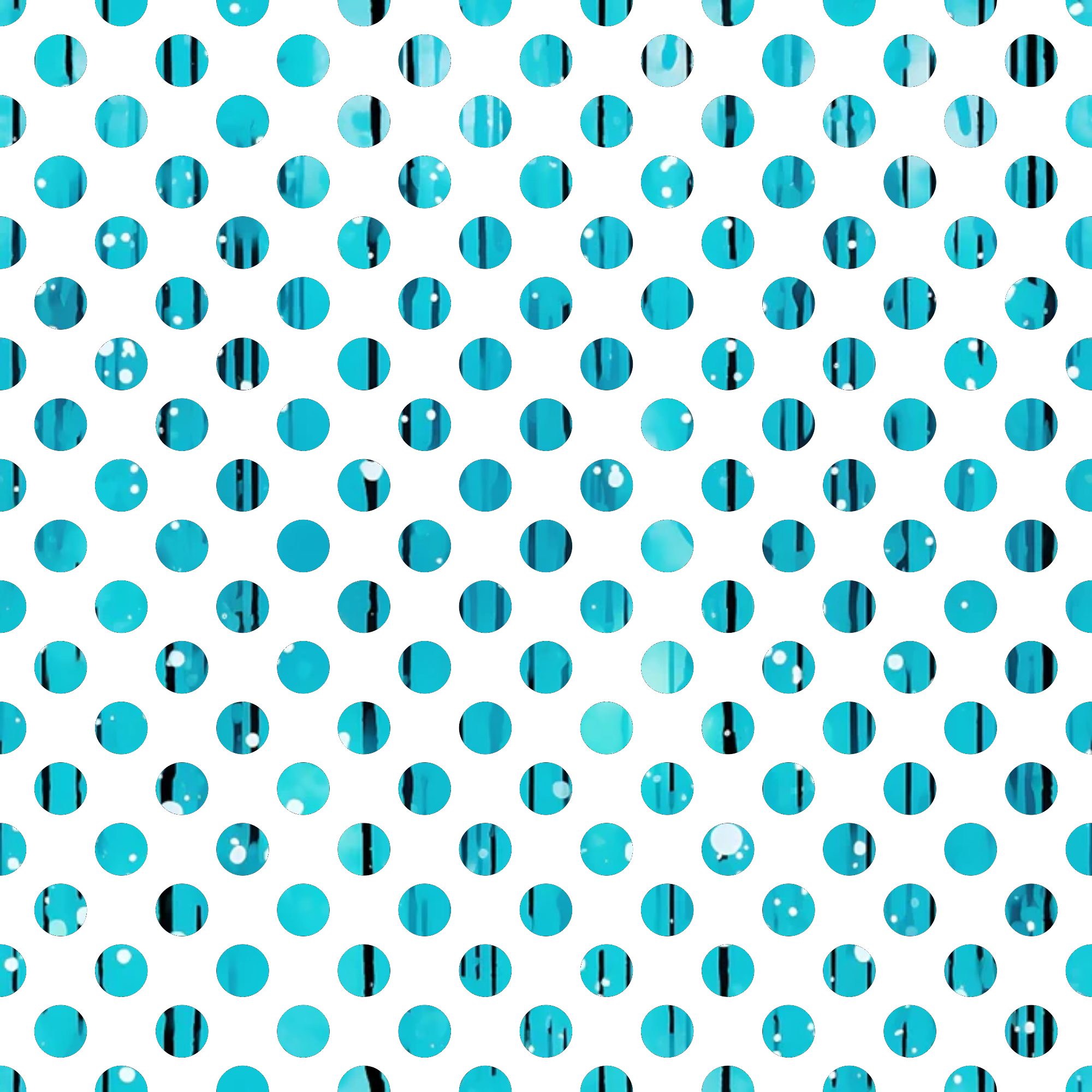 turquoise, cyan, teal, aqua, white background, polka dots, circular pattern, geometric design, dripping liquid, water droplets, modern abstract, contemporary style,, fabric panel, crafting material, sewing supplies, bright colors, repetitive pattern, spotted design, fluid motion
