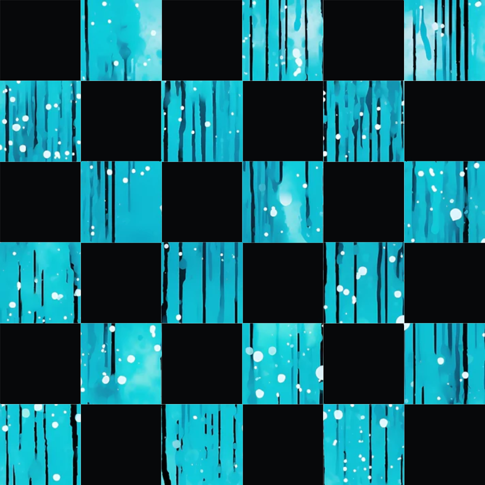 turquoise, cyan, black, dripping, liquid drops, abstract pattern, modern design, flowing lines, water droplets, geometric blocks, checkerboard layout,, fabric panel, contemporary art, fluid motion, bubble effects, artistic blocks, crafting material, sewing fabric, patchwork squares