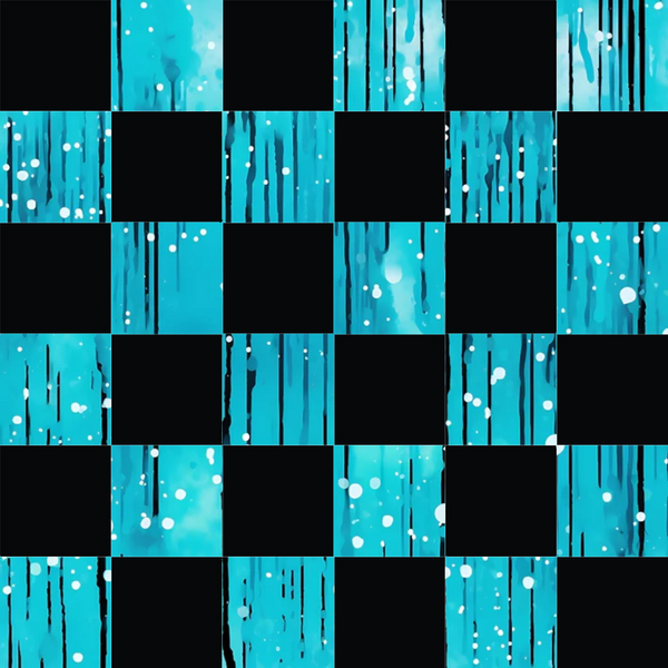 turquoise, cyan, black, dripping, liquid drops, abstract pattern, modern design, flowing lines, water droplets, geometric blocks, checkerboard layout,, fabric panel, contemporary art, fluid motion, bubble effects, artistic blocks, crafting material, sewing fabric, patchwork squares