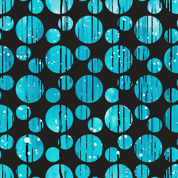 turquoise, aqua, teal, black background, dripping pattern, liquid drops, flowing design, geometric circles, polka dots, abstract pattern, modern style, contemporary,, fabric panel, water droplets, rainfall effect, vertical drips, circular windows, vibrant blue, artistic design