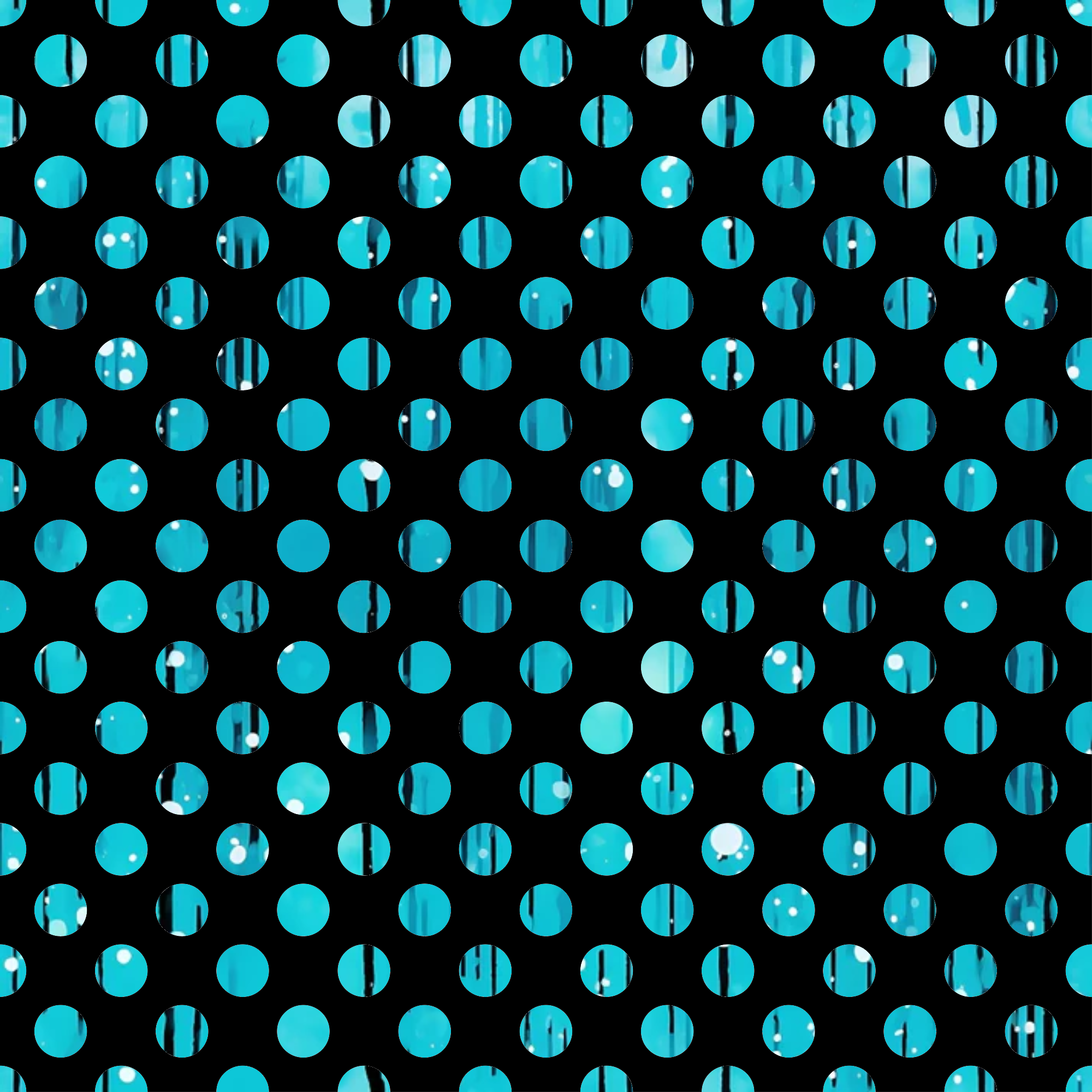 turquoise, aqua, teal, cyan, black background, polka dots, circular pattern, geometric design, liquid effect, dripping pattern, reflective dots, shimmery circles, modern abstract, contemporary style,, fabric panel, crafting material, vibrant blue, metallic shine, repetitive motif