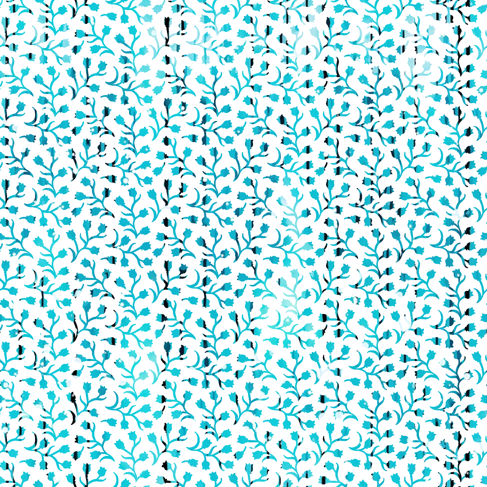 turquoise, aqua, teal, white, black, floral pattern, botanical design, branching vines, small flowers, organic motifs, repeating pattern,, fabric panel, nature inspired, delicate blooms, scattered florals, flowing branches, contemporary style, crafting material, sewing fabric