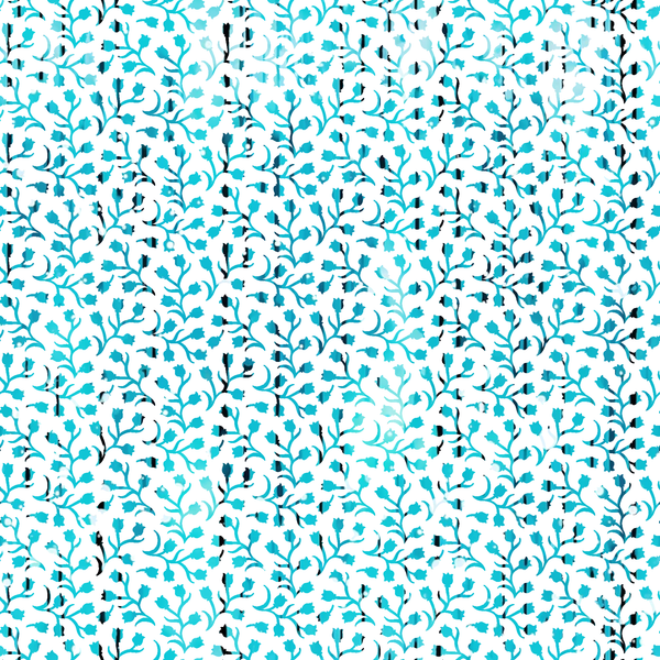turquoise, aqua, teal, white, black, floral pattern, botanical design, branching vines, small flowers, organic motifs, repeating pattern,, fabric panel, nature inspired, delicate blooms, scattered florals, flowing branches, contemporary style, crafting material, sewing fabric