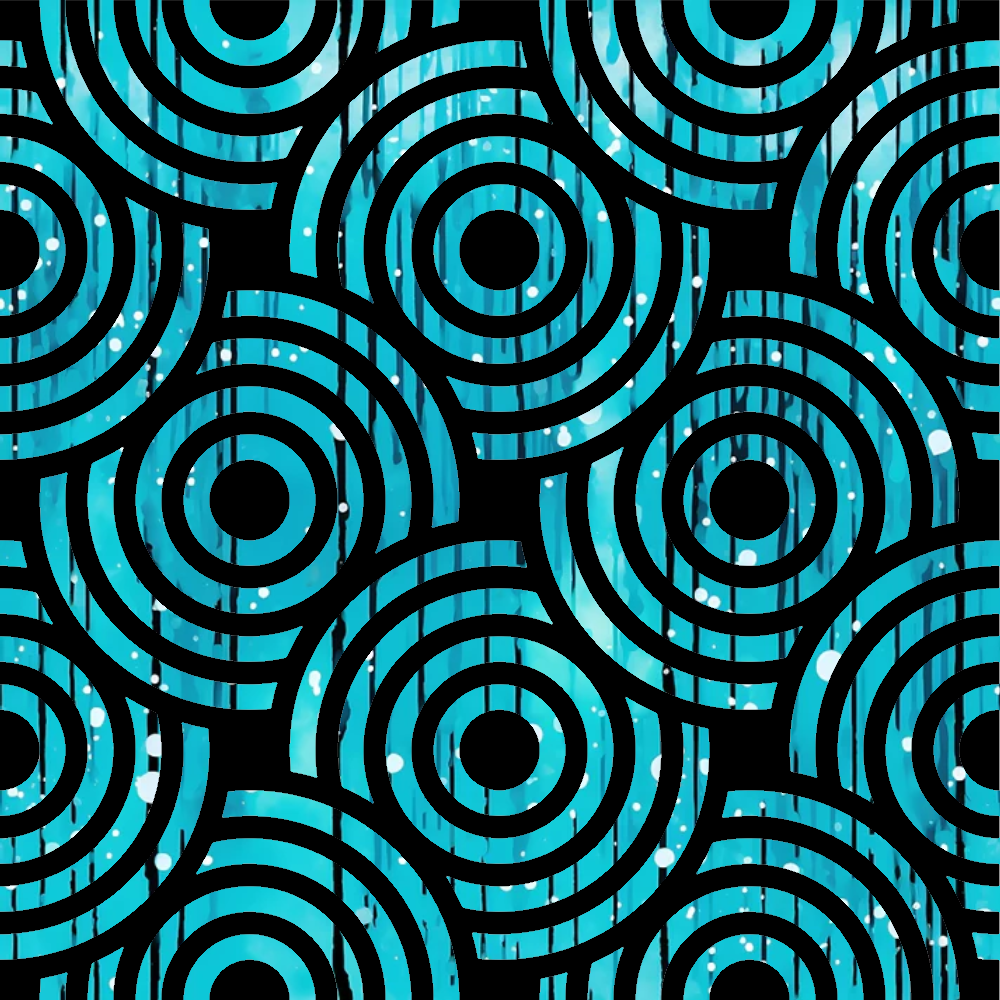 turquoise, black, concentric circles, geometric pattern, ripples, water rings, abstract design, modern style,, fabric panel, repetitive motif, circular design, contemporary pattern, crafting material, sewing fabric, vibrant colors, optical illusion, wave pattern, artistic design