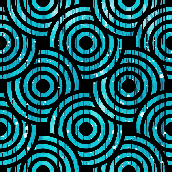turquoise, black, concentric circles, geometric pattern, ripples, water rings, abstract design, modern style,, fabric panel, repetitive motif, circular design, contemporary pattern, crafting material, sewing fabric, vibrant colors, optical illusion, wave pattern, artistic design
