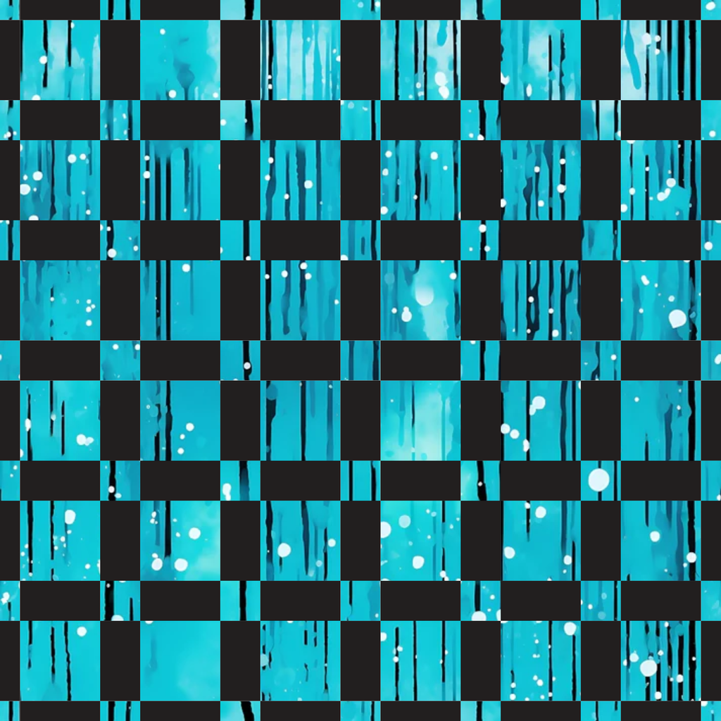 turquoise, aqua, teal, black, checkerboard pattern, dripping liquid, paint drips, flowing streams, white bubbles, modern abstract, contemporary design, geometric squares,, fabric panel, liquid motion, dripping effect, checkered grid, abstract art, flowing patterns, bubble accents