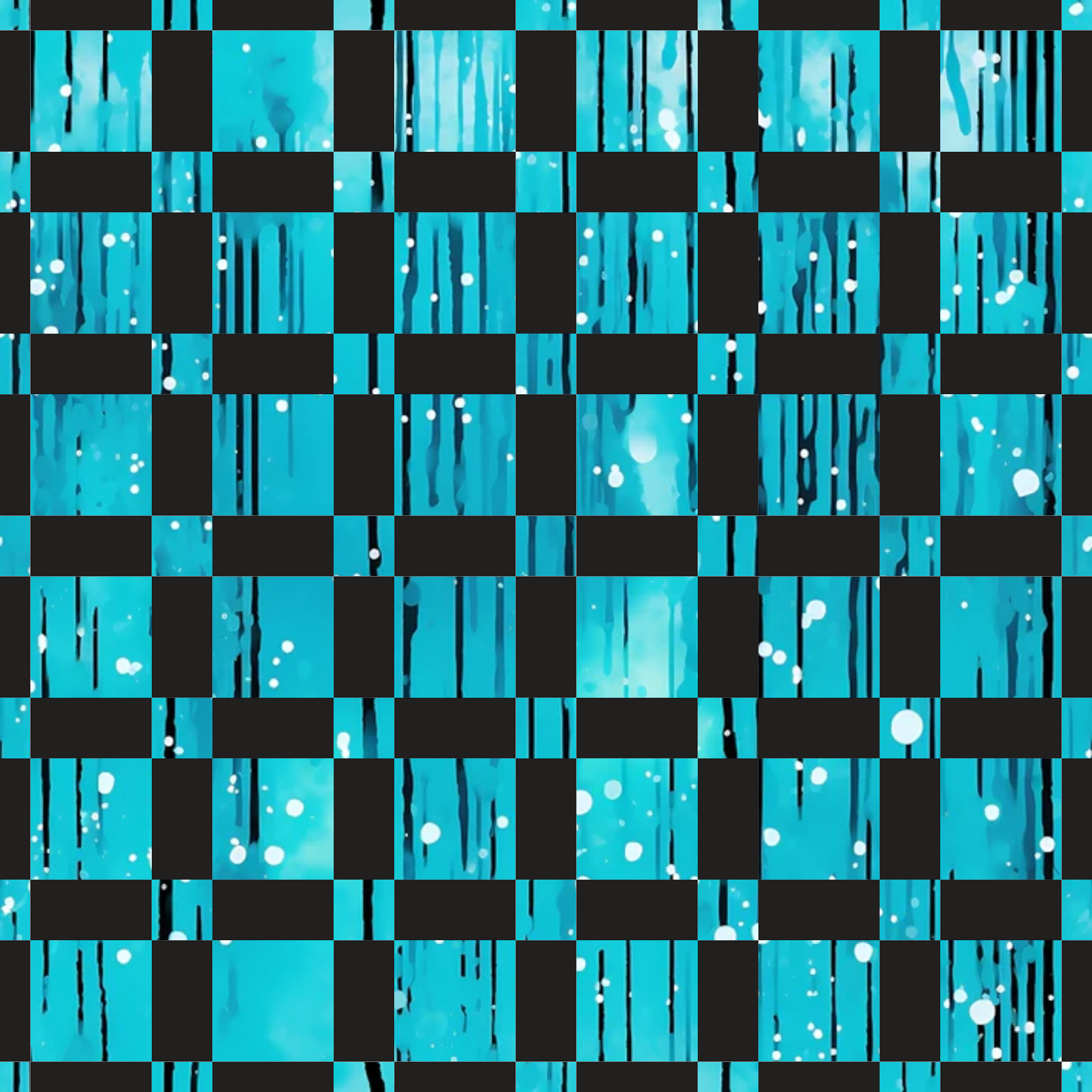 turquoise, aqua, teal, black, checkerboard pattern, dripping liquid, paint drips, flowing streams, white bubbles, modern abstract, contemporary design, geometric squares,, fabric panel, liquid motion, dripping effect, checkered grid, abstract art, flowing patterns, bubble accents