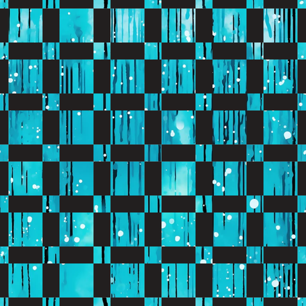 turquoise, aqua, teal, black, checkerboard pattern, dripping liquid, paint drips, flowing streams, white bubbles, modern abstract, contemporary design, geometric squares,, fabric panel, liquid motion, dripping effect, checkered grid, abstract art, flowing patterns, bubble accents
