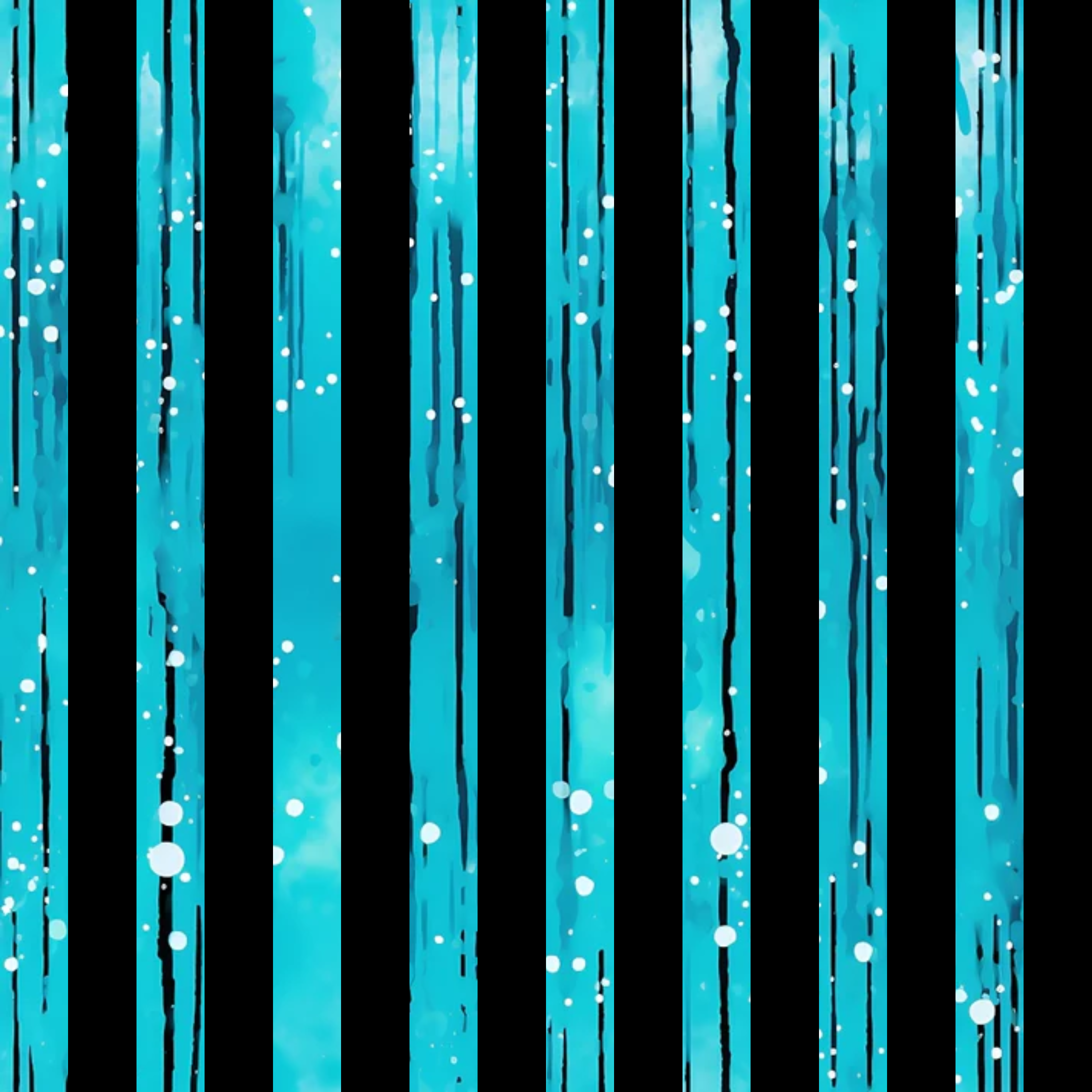 turquoise, aqua, cyan, black, dripping liquid, vertical stripes, paint drips, flowing streams, water drops, bubbles, splashes, modern abstract, contemporary design, quilting cotton, fabric panel, liquid motion, streaming pattern, wet paint effect, artistic drips, fluid design
