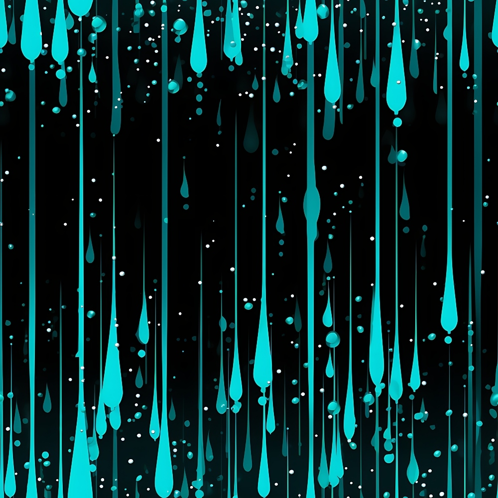 turquoise, teal, aqua, black background, dripping liquid, water drops, droplets, abstract pattern, flowing design, rain effect, vertical drips, splashes, modern art style, contemporary,, fabric panel, geometric drops, liquid motion, wet texture, artistic splatter