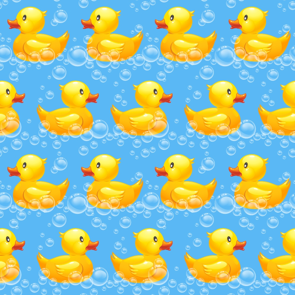 yellow rubber ducks, bright blue background, soap bubbles, bath time theme, repeating pattern, cheerful design, nursery fabric, children's motif, aquatic theme,, fabric panel, playful mood, orange beaks, cartoon style, whimsical design, baby fabric, bathroom theme, floating bubbles, sunny yellow, vibrant colors
