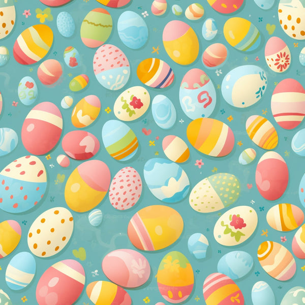 easter eggs, turquoise background, coral pink, sunny yellow, soft blue, cream white, orange accents, polka dots, stripes, floral motifs, geometric patterns, spring theme, festive design,, fabric panel, cheerful mood, pastel colors, holiday motif, scattered layout, whimsical style