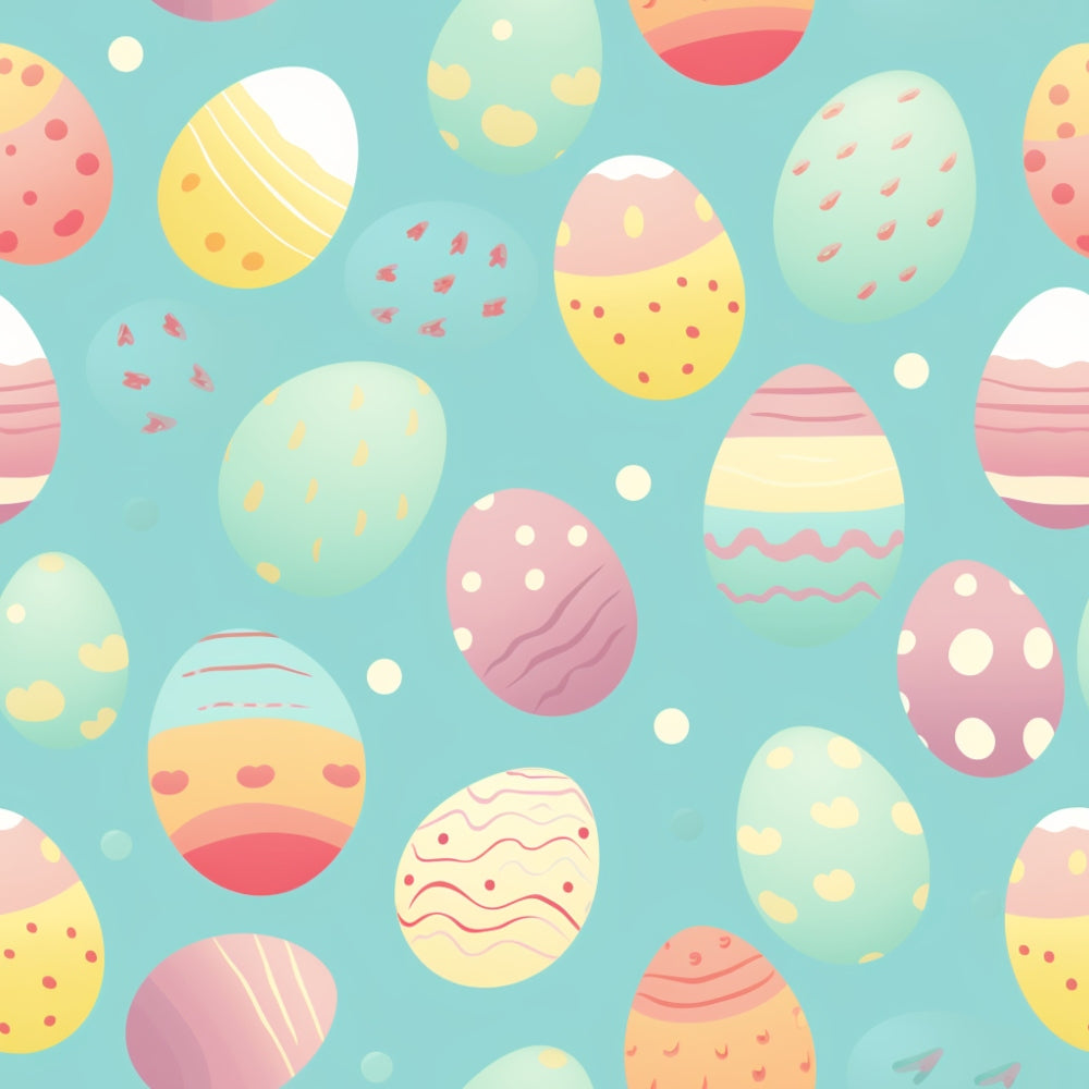 easter eggs, pastel colors, turquoise blue, coral pink, soft yellow, mint green, cream white, polka dots, stripes, wavy lines, geometric patterns, spring theme, holiday fabric,, fabric panel, cheerful mood, whimsical style, seamless pattern, easter celebration, festive design