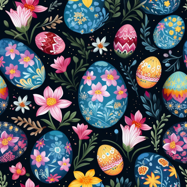 easter eggs, floral patterns, pink flowers, blue eggs, yellow blooms, decorative eggs, spring florals, folk art style,, fabric panel, botanical designs, colorful motifs, easter themed, seasonal fabric, ornate patterns, green foliage, magenta petals, turquoise designs, festive eggs, springtime colors