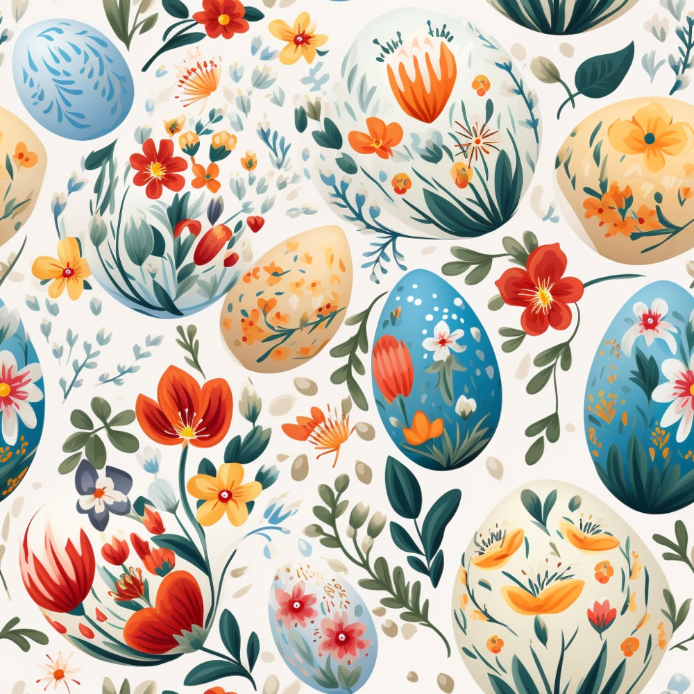 easter eggs, floral pattern, botanical design, spring flowers, blue eggs, orange flowers, red blooms, yellow blossoms, green leaves, cream background, decorative eggs, folk art style,, fabric panel, seasonal motif, easter theme, nature inspired, colorful florals, painted eggs, whimsical design