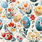 easter eggs, floral pattern, botanical design, spring flowers, blue eggs, orange flowers, red blooms, yellow blossoms, green leaves, cream background, decorative eggs, folk art style,, fabric panel, seasonal motif, easter theme, nature inspired, colorful florals, painted eggs, whimsical design