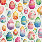 easter eggs, watercolor style, floral patterns, spring colors, pink, blue, green, yellow, orange, purple, decorative eggs, botanical elements, leaves, flowers, geometric designs, stripes, dots,, fabric panel, easter theme, pastel colors, vibrant hues, seamless pattern
